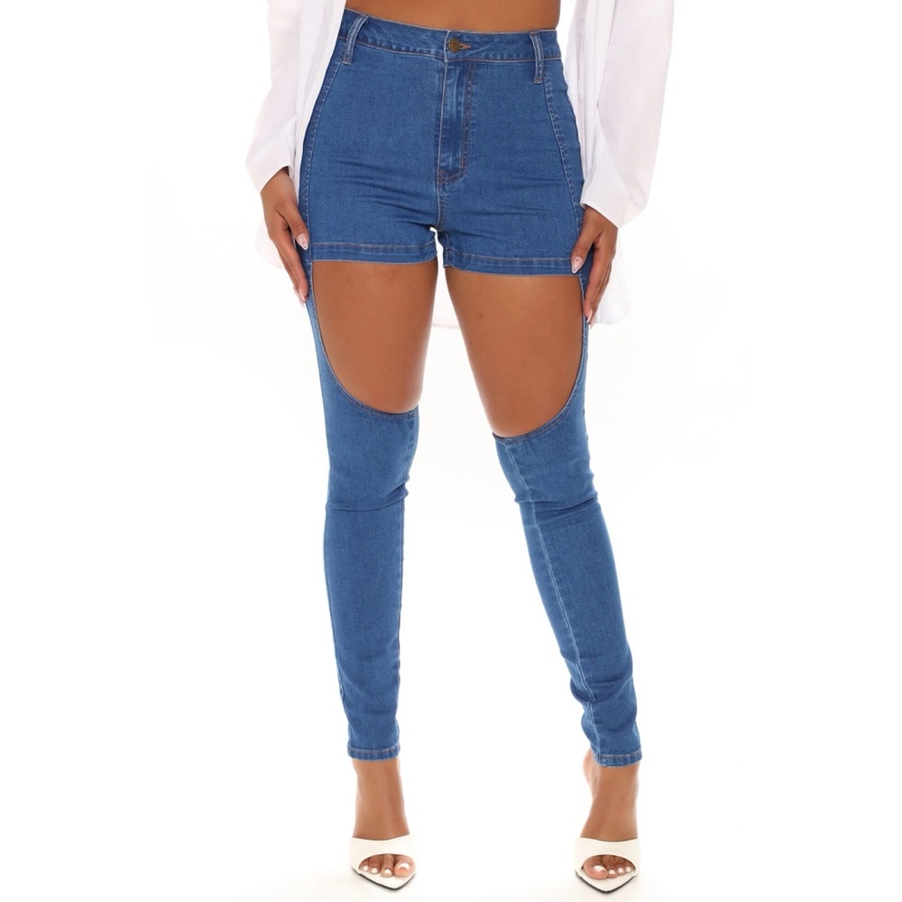 Show Stoppin' High-Waisted Cut Out Skinny Jeans - Medium Blue Wash Denim